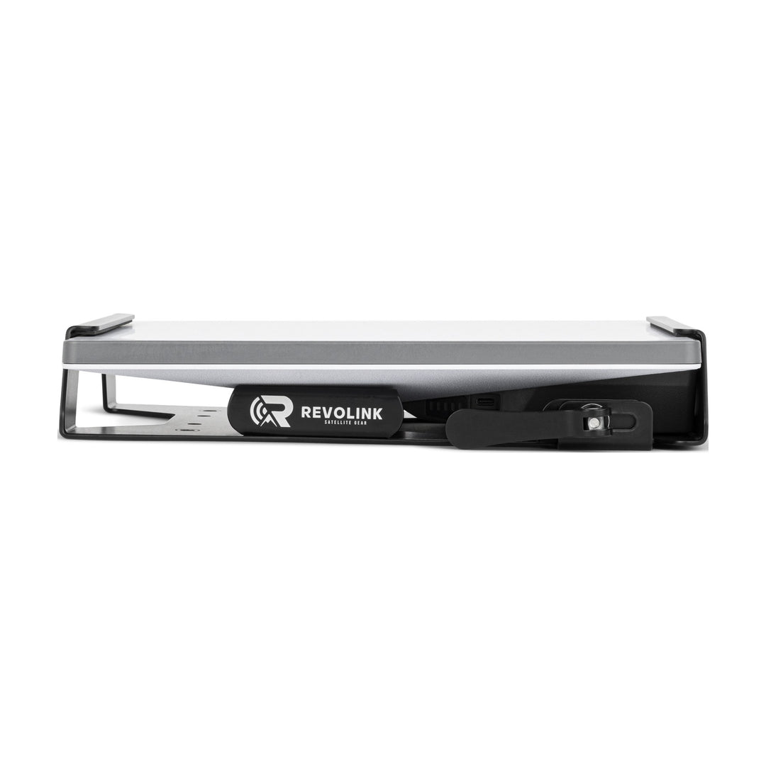 Side view of the black Battery Mount Kit showing the AMPak 145 USB-C port under the Starlink Mini