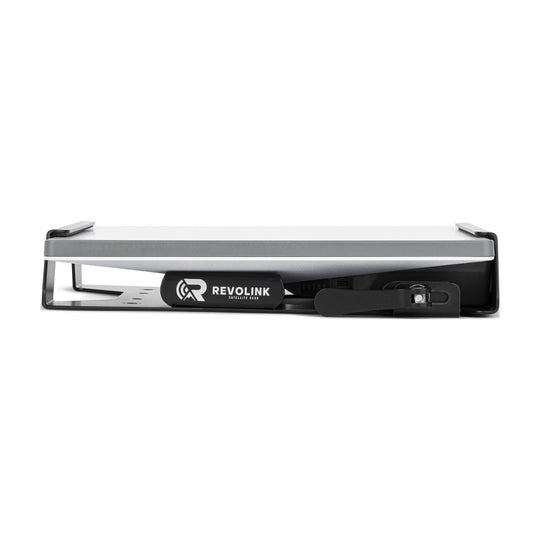 Side view of the black Battery Mount Kit showing the AMPak 145 USB-C port under the Starlink Mini