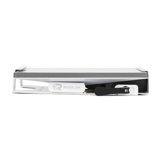 Side view of the white Battery Mount Kit showing the AMPak 145 USB-C port under the Starlink Mini