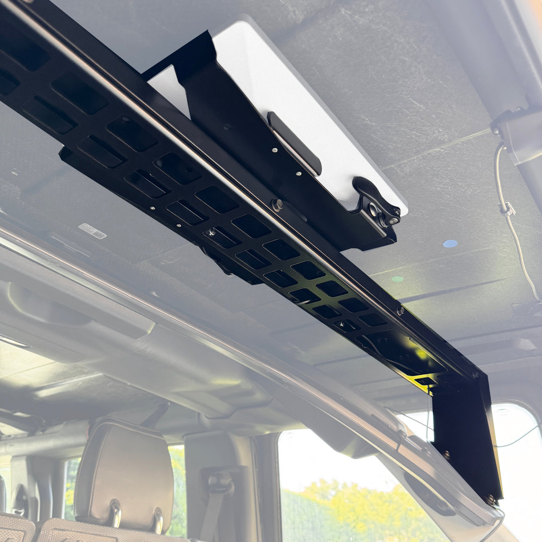 Starlink Mini in the Quick Release Mount on the Bronco crossbar, under the fiberglass roof