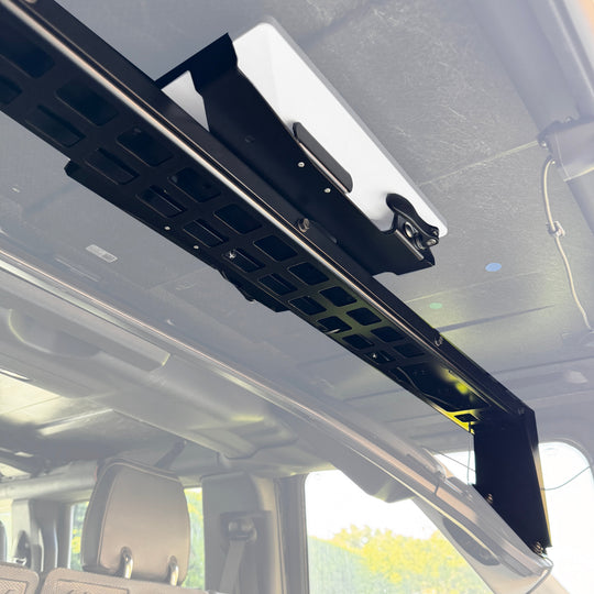 Starlink Mini in the Quick Release Mount on the Bronco crossbar, under the fiberglass roof